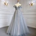 Grey Blue A-Line Sexy Strappy Skirt Cap Sleeve Luxury Beaded Evening Dresses Gowns 2025 For Women Party LA71740