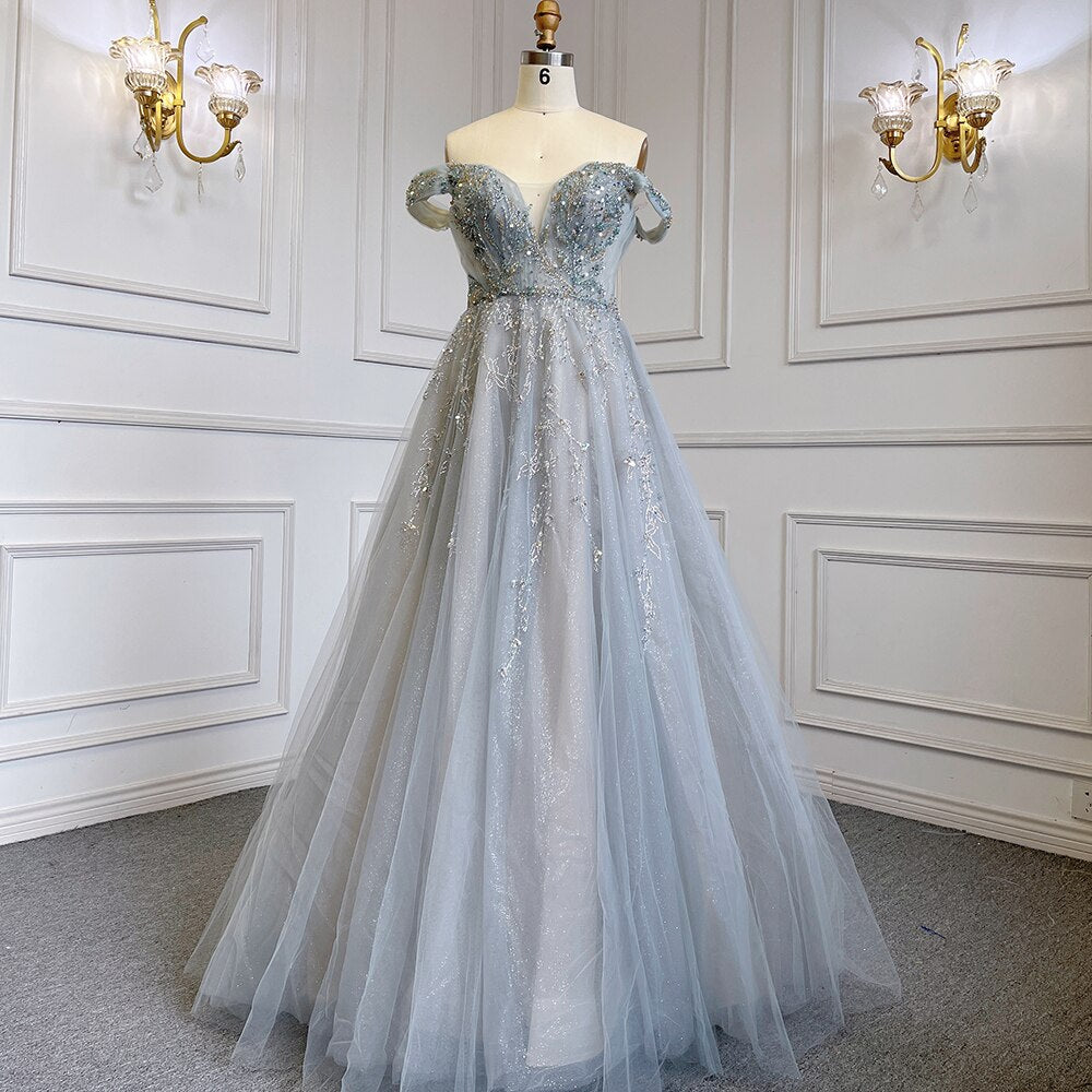 Grey Blue A-Line Sexy Strappy Skirt Cap Sleeve Luxury Beaded Evening Dresses Gowns 2025 For Women Party LA71740