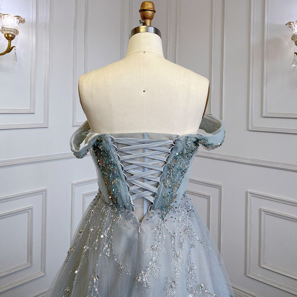 Grey Blue A-Line Sexy Strappy Skirt Cap Sleeve Luxury Beaded Evening Dresses Gowns 2025 For Women Party LA71740
