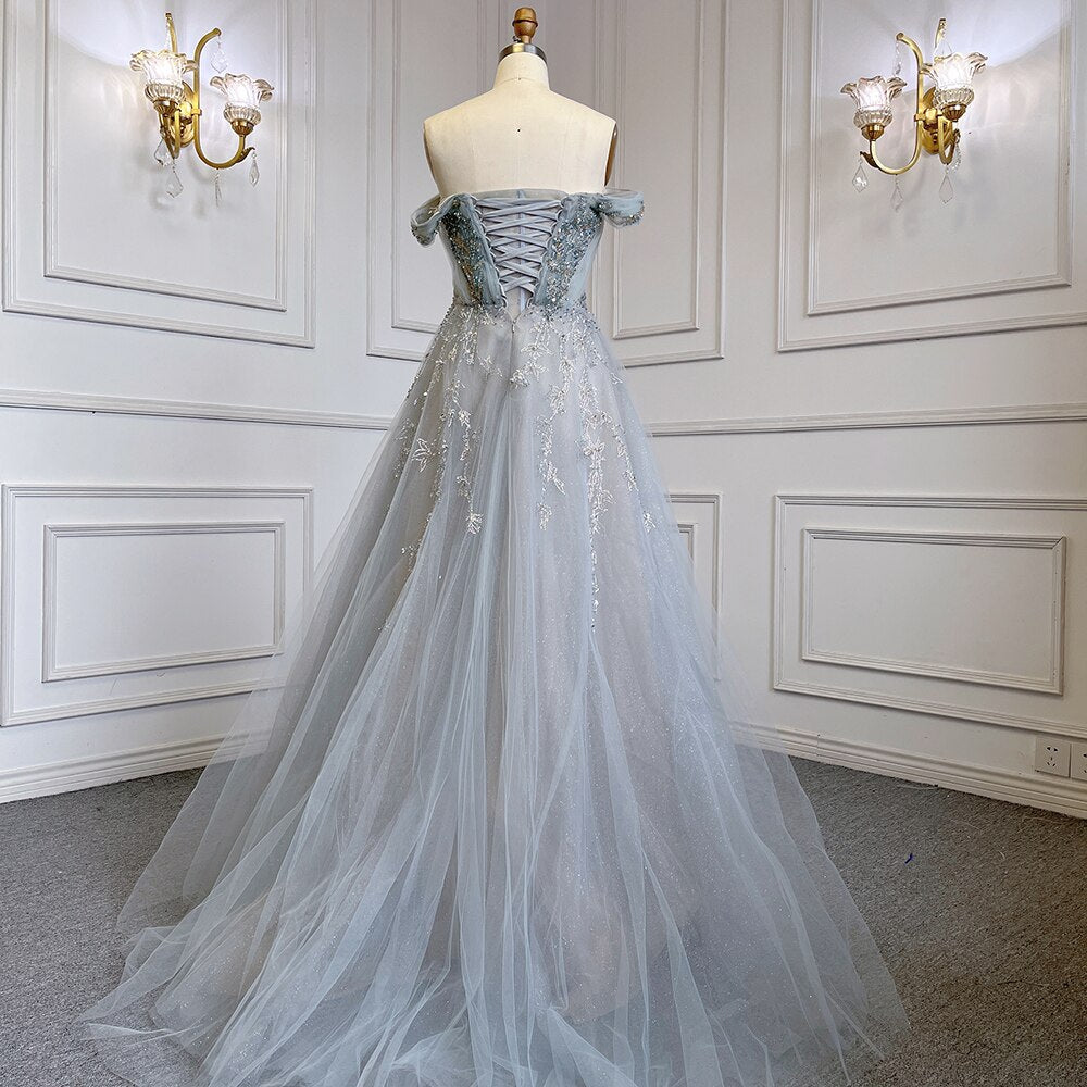 Grey Blue A-Line Sexy Strappy Skirt Cap Sleeve Luxury Beaded Evening Dresses Gowns 2025 For Women Party LA71740