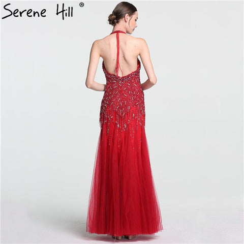 Grey Floor Length Mermaid Sexy Halter Crystal Tassel Beaded Arabic Evening Dresses 2025 Gowns For Woman LA6151