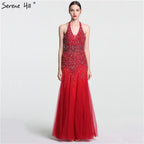 Grey Floor Length Mermaid Sexy Halter Crystal Tassel Beaded Arabic Evening Dresses 2025 Gowns For Woman LA6151