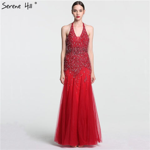 Grey Floor Length Mermaid Sexy Halter Crystal Tassel Beaded Arabic Evening Dresses 2025 Gowns For Woman LA6151