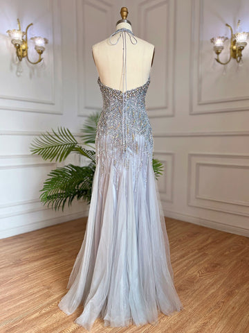 Grey Floor Length Mermaid Sexy Halter Crystal Tassel Beaded Arabic Evening Dresses 2025 Gowns For Woman LA6151
