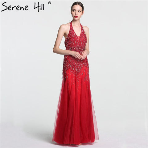 Grey Floor Length Mermaid Sexy Halter Crystal Tassel Beaded Arabic Evening Dresses 2025 Gowns For Woman LA6151