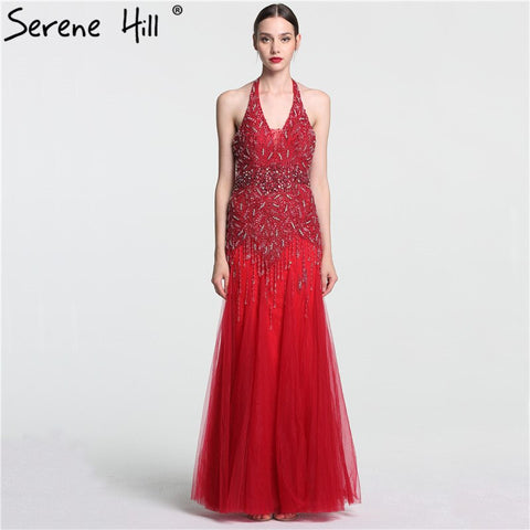 Grey Floor Length Mermaid Sexy Halter Crystal Tassel Beaded Arabic Evening Dresses 2025 Gowns For Woman LA6151