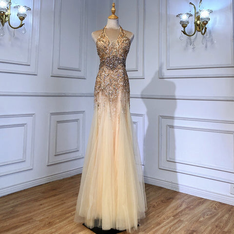 Grey Floor Length Mermaid Sexy Halter Crystal Tassel Beaded Arabic Evening Dresses 2025 Gowns For Woman LA6151