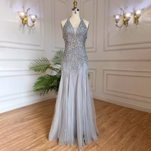 Grey Floor Length Mermaid Sexy Halter Crystal Tassel Beaded Arabic Evening Dresses 2025 Gowns For Woman LA6151