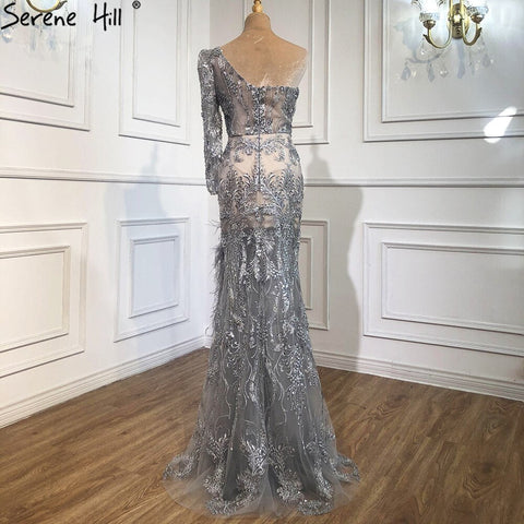 Grey High Split Mermaid Sexy Evening Dresses 2025 One Shoulder Beading Feathers Formal Dress Design LA70691