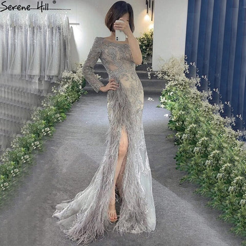 Grey High Split Mermaid Sexy Evening Dresses 2025 One Shoulder Beading Feathers Formal Dress Design LA70691
