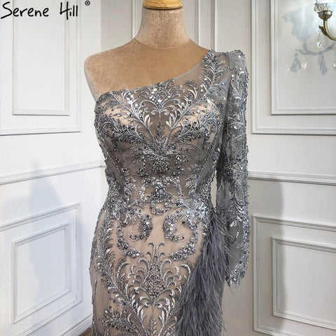 Grey High Split Mermaid Sexy Evening Dresses 2025 One Shoulder Beading Feathers Formal Dress Design LA70691