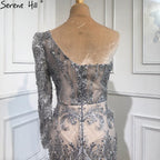 Grey High Split Mermaid Sexy Evening Dresses 2025 One Shoulder Beading Feathers Formal Dress Design LA70691