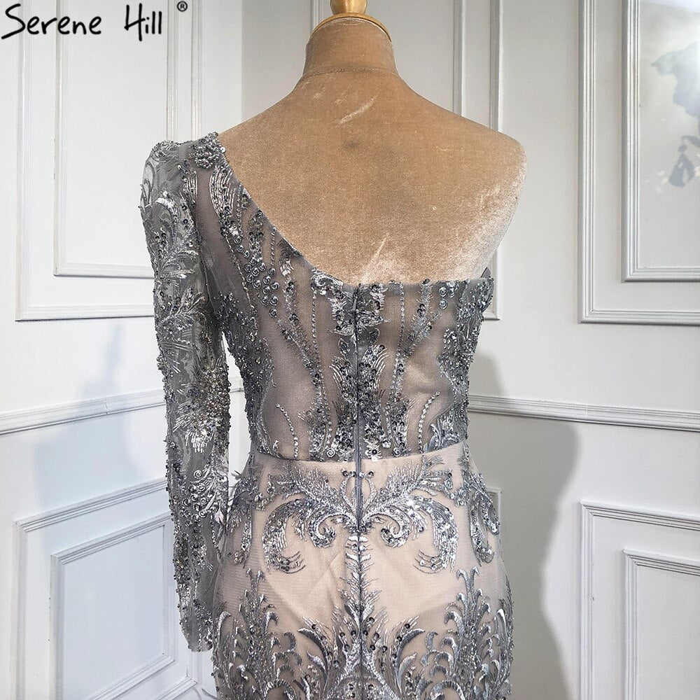 Grey High Split Mermaid Sexy Evening Dresses 2025 One Shoulder Beading Feathers Formal Dress Design LA70691