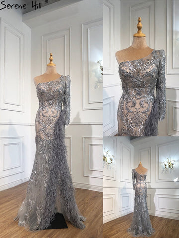 Grey High Split Mermaid Sexy Evening Dresses 2025 One Shoulder Beading Feathers Formal Dress Design LA70691