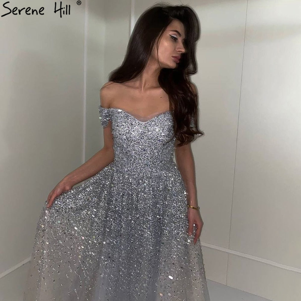 Grey Luxury A-Line Evening Dresses Gowns 2025 Beaded Bling Sexy For Women Wedding Party LA70802