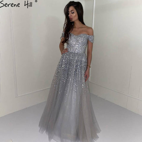 Grey Luxury A-Line Evening Dresses Gowns 2025 Beaded Bling Sexy For Women Wedding Party LA70802