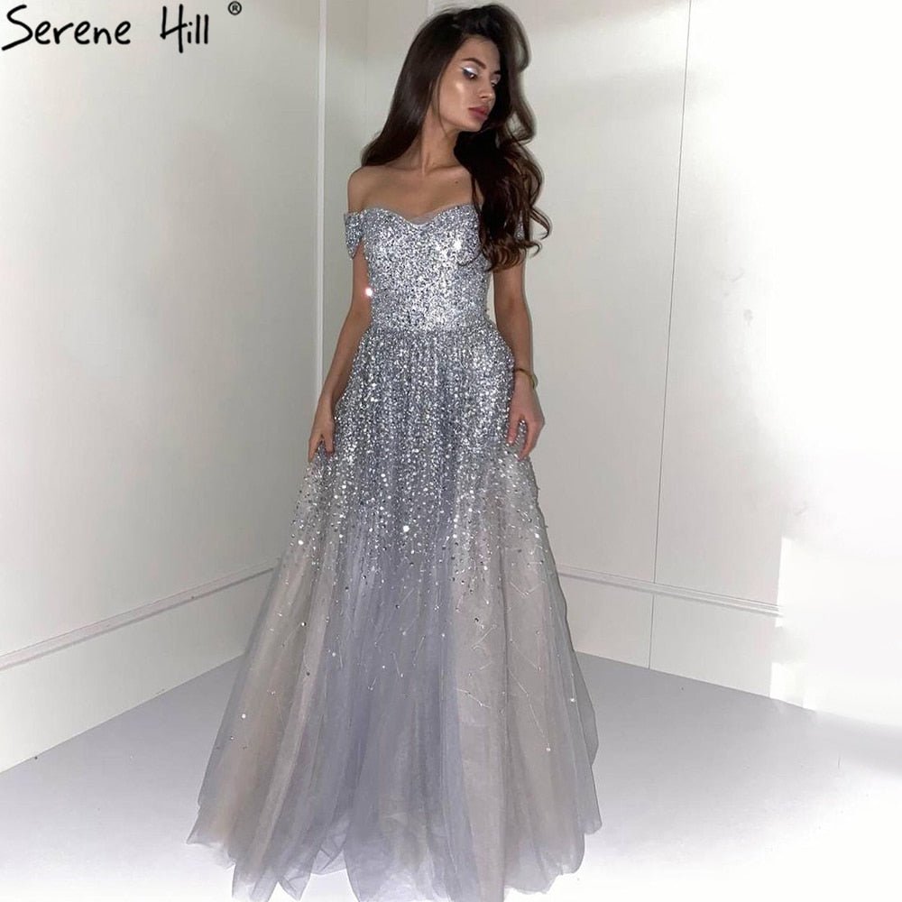 Grey Luxury A-Line Evening Dresses Gowns 2025 Beaded Bling Sexy For Women Wedding Party LA70802