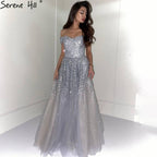 Grey Luxury A-Line Evening Dresses Gowns 2025 Beaded Bling Sexy For Women Wedding Party LA70802