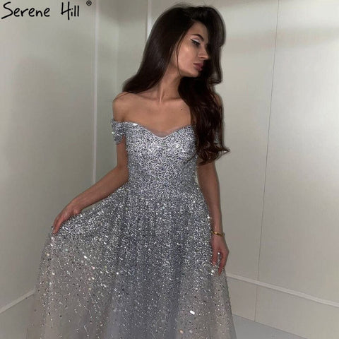 Grey Luxury A-Line Evening Dresses Gowns 2025 Beaded Bling Sexy For Women Wedding Party LA71188