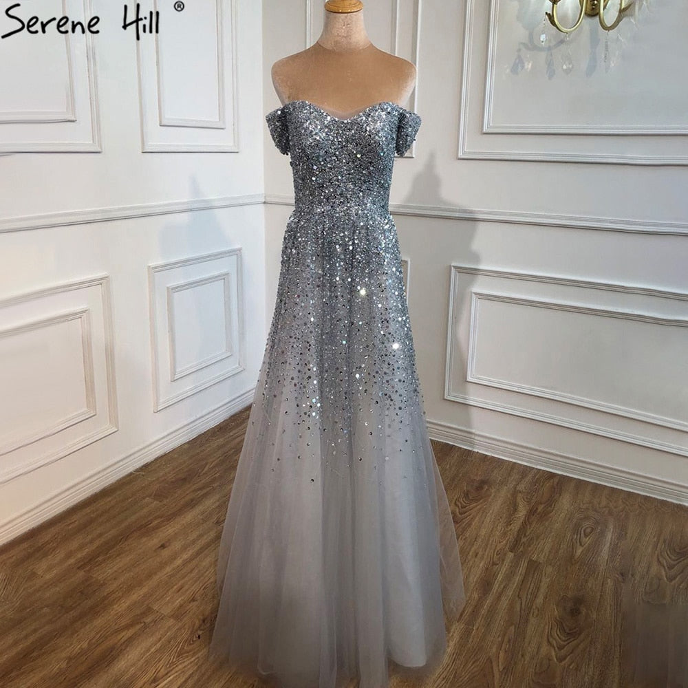 Grey Luxury A-Line Evening Dresses Gowns 2025 Beaded Bling Sexy For Women Wedding Party LA70802