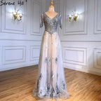Grey Luxury A-Line Evening Dresses Gowns 2025 Short Sleeves Beaded Lace Up For Women Party LA71379