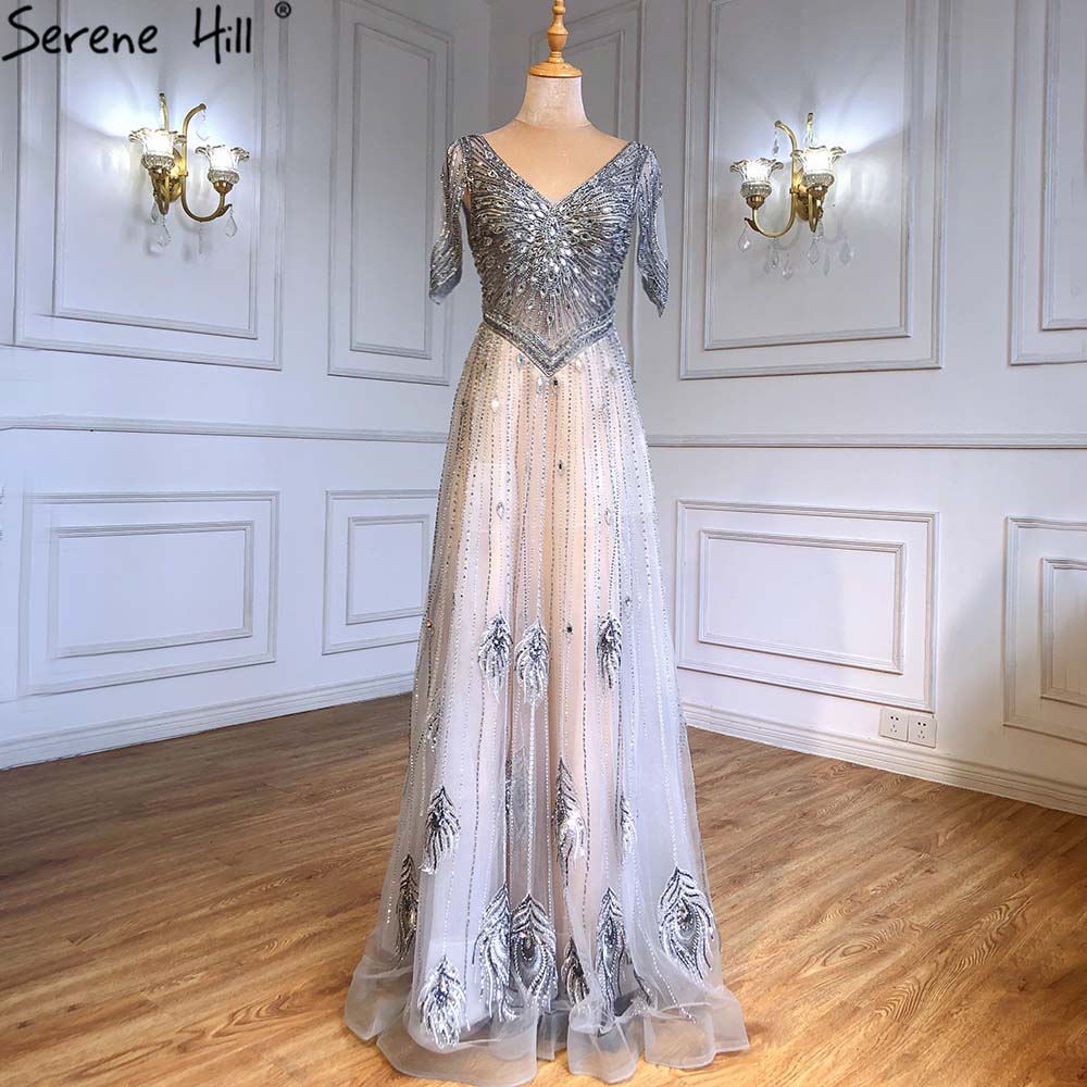 Grey Luxury A-Line Evening Dresses Gowns 2025 Short Sleeves Beaded Lace Up For Women Party LA71379