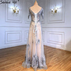 Grey Luxury A-Line Evening Dresses Gowns 2025 Short Sleeves Beaded Lace Up For Women Party LA71379