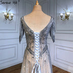 Grey Luxury A-Line Evening Dresses Gowns 2025 Short Sleeves Beaded Lace Up For Women Party LA71379