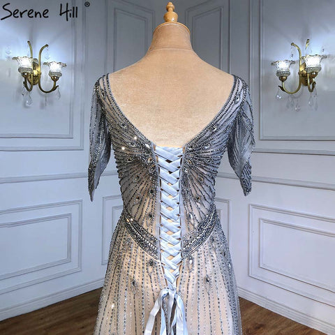 Grey Luxury A-Line Evening Dresses Gowns 2025 Short Sleeves Beaded Lace Up For Women Party LA71379