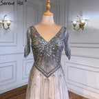 Grey Luxury A-Line Evening Dresses Gowns 2025 Short Sleeves Beaded Lace Up For Women Party LA71379
