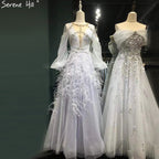 Grey Luxury A-Line Evening Dresses Gowns 2025 Long Sleeves Diamond Feather For Women Party LA71495
