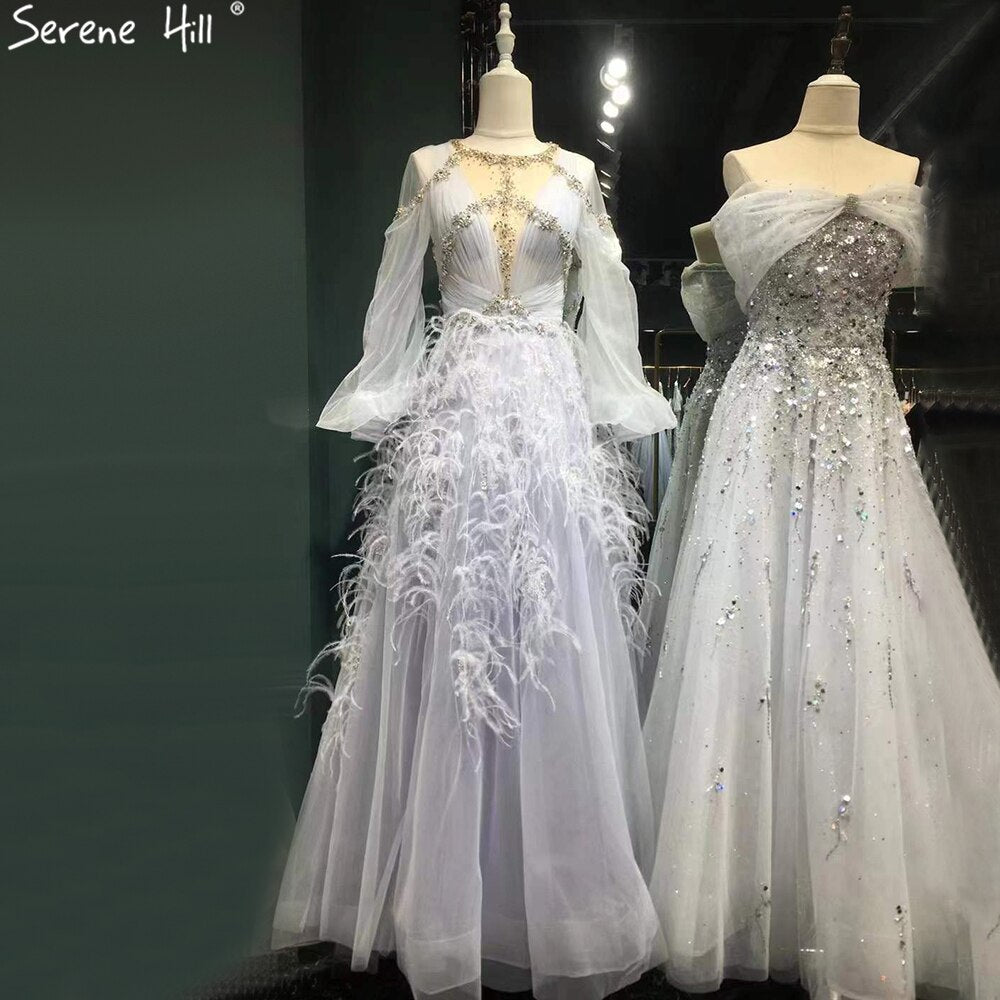 Grey Luxury A-Line Evening Dresses Gowns 2025 Long Sleeves Diamond Feather For Women Party LA71495