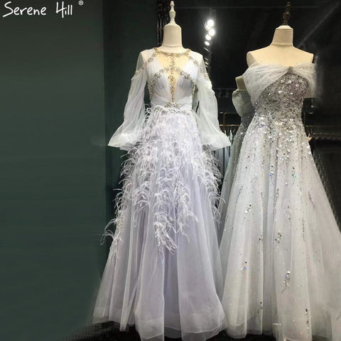 Grey Luxury A-Line Evening Dresses Gowns 2025 Long Sleeves Diamond Feather For Women Party LA71495