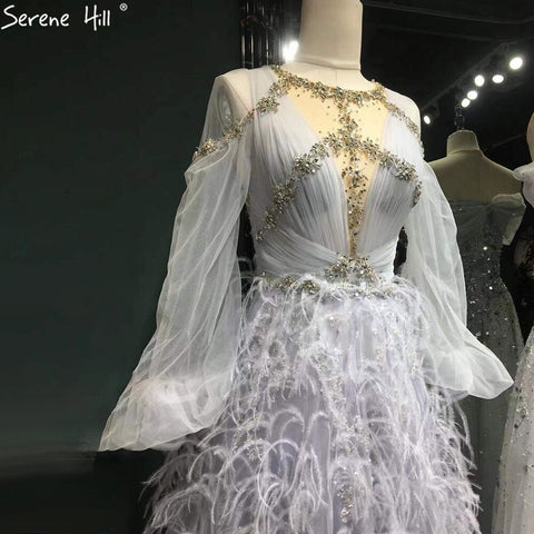 Grey Luxury A-Line Evening Dresses Gowns 2025 Long Sleeves Diamond Feather For Women Party LA71495