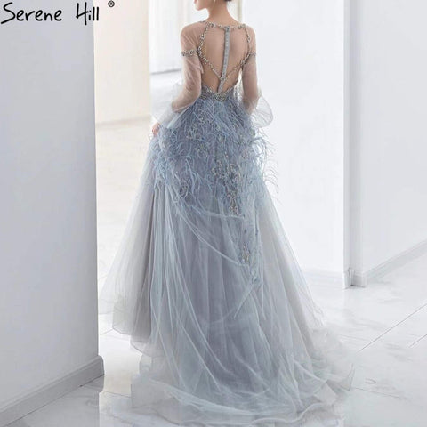 Grey Luxury A-Line Evening Dresses Gowns 2025 Long Sleeves Diamond Feather For Women Party LA71495