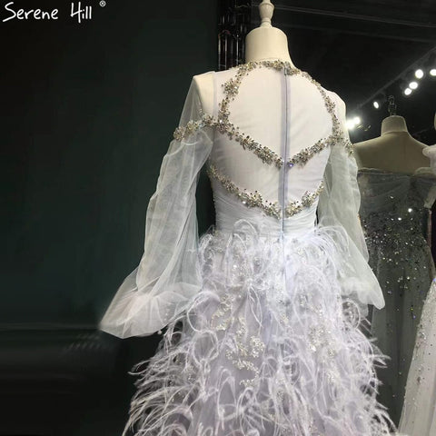 Grey Luxury A-Line Evening Dresses Gowns 2025 Long Sleeves Diamond Feather For Women Party LA71495