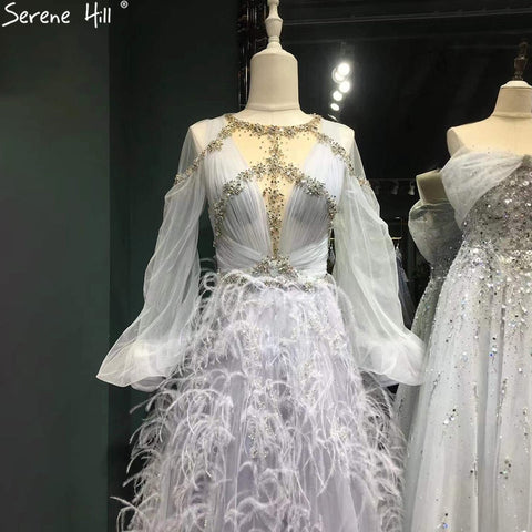 Grey Luxury A-Line Evening Dresses Gowns 2025 Long Sleeves Diamond Feather For Women Party LA71495