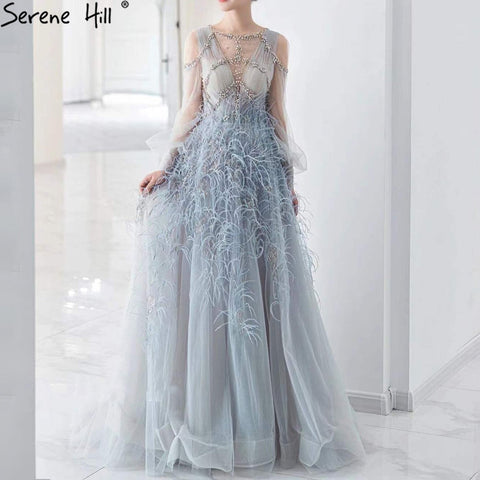 Grey Luxury A-Line Evening Dresses Gowns 2025 Long Sleeves Diamond Feather For Women Party LA71495