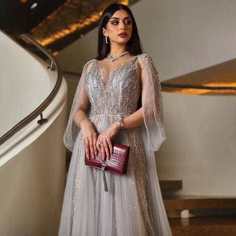 Grey Luxury A-Line Sexy Evening Dresses Gowns Diamond Beaded Elegant 2025 For Women Party LA70788