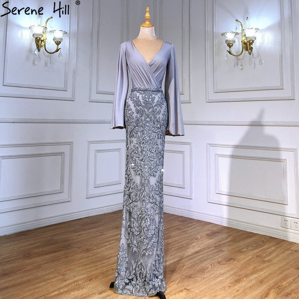 Grey Luxury Mermaid Evening Dresses Gowns  Elegant Beaded Lantern Sleeve For Women Party  LA71484