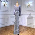Grey Luxury Mermaid Evening Dresses Gowns  Elegant Beaded Lantern Sleeve For Women Party  LA71484