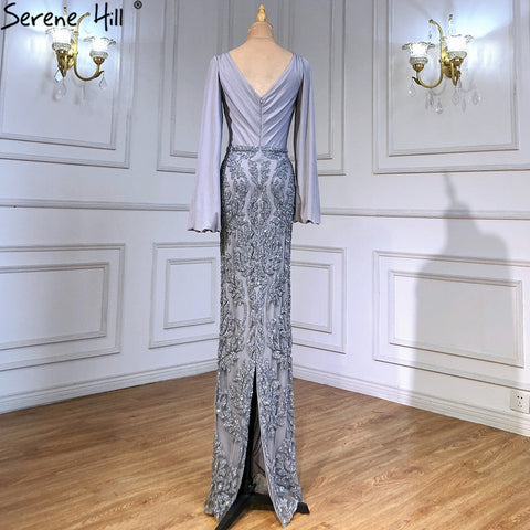 Grey Luxury Mermaid Evening Dresses Gowns  Elegant Beaded Lantern Sleeve For Women Party  LA71484
