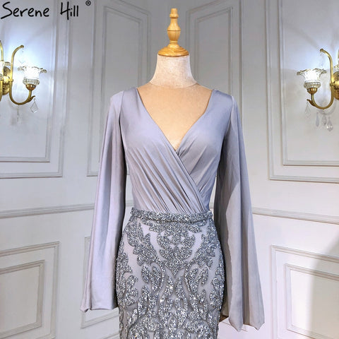 Grey Luxury Mermaid Evening Dresses Gowns  Elegant Beaded Lantern Sleeve For Women Party  LA71484
