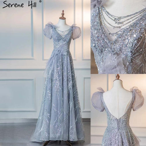 Grey Luxury Puffy Sleeves Evening Dresses Gowns 2025 Beaded A-Line For Women Party LA71474