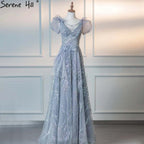 Grey Luxury Puffy Sleeves Evening Dresses Gowns 2025 Beaded A-Line For Women Party LA71474