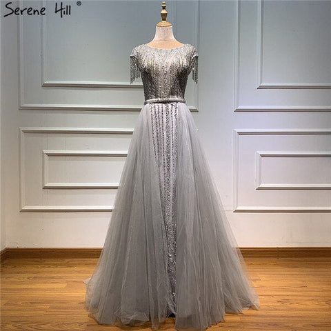 Grey Luxury With Train Evening Dresses Gowns 2025 Beading Tassel Cap Sleeve For Woman Party LA60874