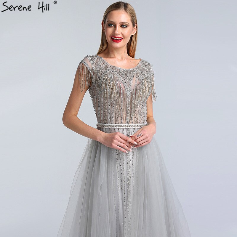 Grey Luxury With Train Evening Dresses Gowns 2025 Beading Tassel Cap Sleeve For Woman Party LA60874