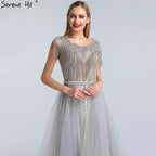 Grey Luxury With Train Evening Dresses Gowns 2025 Beading Tassel Cap Sleeve For Woman Party LA60874