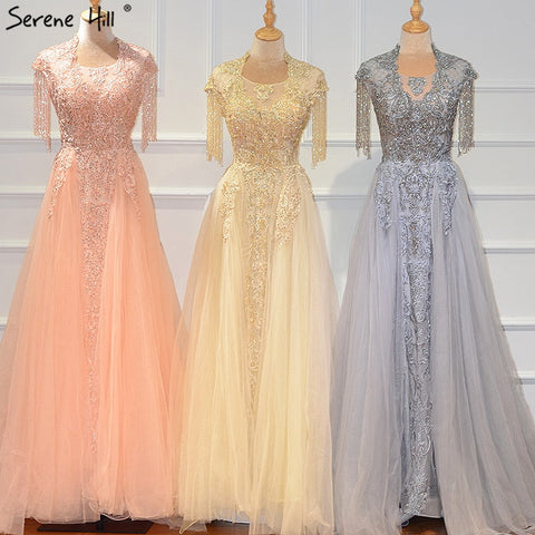 Grey Luxury With Train Evening Dresses Gowns 2025 Cap Sleeves Beading Mermaid For Women Party LA60845