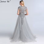 Grey Luxury With Train Evening Dresses Gowns 2025 Cap Sleeves Beading Mermaid For Women Party LA60845